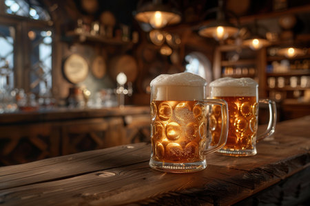 Two mugs of beer with a white head sit on a wooden bar top in a dimly lit pub.の素材