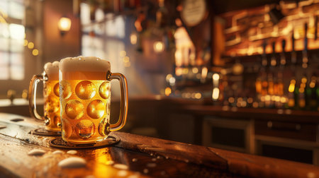 Two full mugs of beer sit on a wooden bar counter in a dimly lit pub, with the bar shelves and bottles blurred in the background.の素材