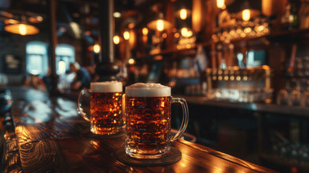 Two glasses of beer sit on a wooden bar counter in a dimly lit pub. The glasses are full, and the beer is foamy.の素材