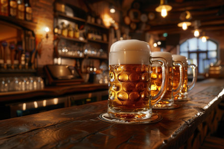 Three full beer mugs with white foam on top are placed on a wooden bar counter in a pub.の素材
