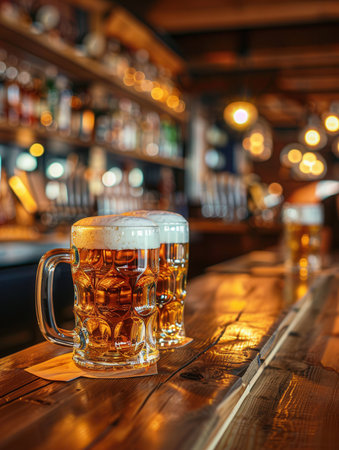 Two full beer mugs with foamy tops sit on a wooden bar counter with a blurred background of a pub interior.の素材