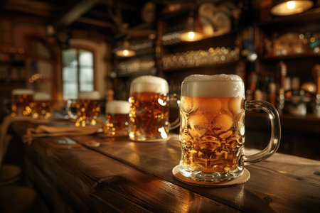 A row of full beer mugs with white foam sit on a wooden bar counter in a dimly lit pub.の素材