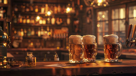 Three full pints of beer sit on a bar counter in a dimly lit pub with a bar shelf in the background.の素材