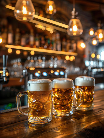 Three full beer mugs sit on a wooden bar counter in a dimly lit pub.の素材