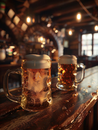Two mugs of beer, one with a thick head, sit on a wooden bar counter in a dimly lit pub.の素材