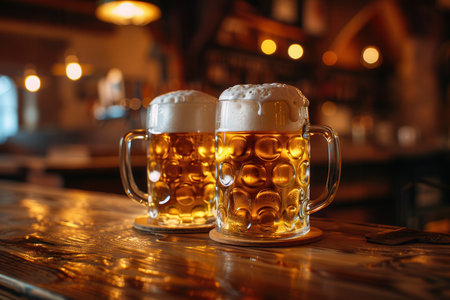 Two full beer mugs with foamy heads sit on a wooden bar counter, illuminated by warm, ambient lighting.の素材