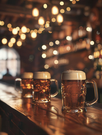 Three beer mugs, full of beer and with a head of foam, are placed on a wooden bar counter in a dimly lit pub.の素材