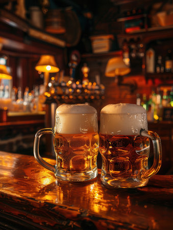 Two full beer mugs sit side by side on a wooden bar counter in a dimly lit pub.の素材