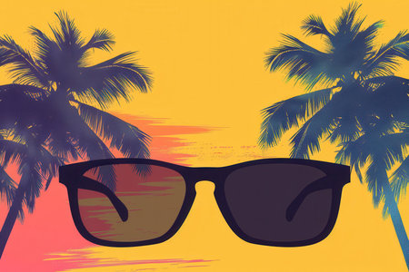 A pair of black sunglasses are centered against a background of palm trees and a sunset.の素材