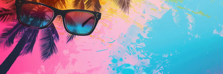 Sunglasses lay on top of the silhouette of a palm tree against a painted backdrop of a sunset with blue and pink hues.の素材