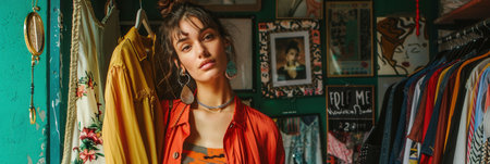 A young woman stands in front of a closet, posing with a hand on her hip. The closet is filled with colorful clothes on hangers.の素材
