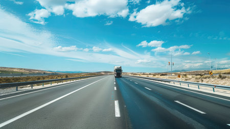 A semi-truck drives down a long, straight highway with a clear blue sky overhead.の素材