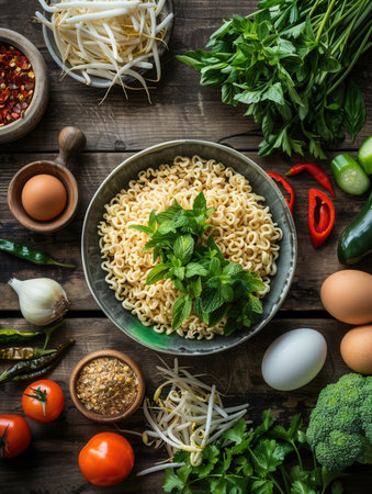 A bowl of instant noodles topped with fresh herbs and vegetables, surrounded by additional ingredients like bean sprouts, peppers, and eggs.の素材