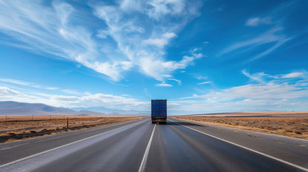 A blue semi-truck drives down a straight highway toward distant mountains, under wispy clouds in the clear skyの素材