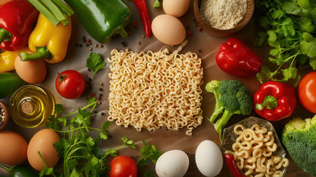 Uncooked instant noodles sit on a kitchen table surrounded by fresh ingredients like peppers, broccoli, eggs, and herbs.の素材