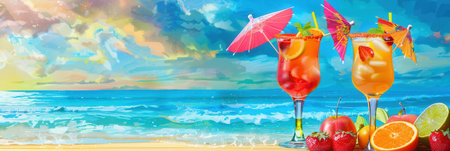 Two colorful cocktails with fruit garnishes and umbrellas are on a beach under a sunny sky with a blue ocean and white waves.の素材