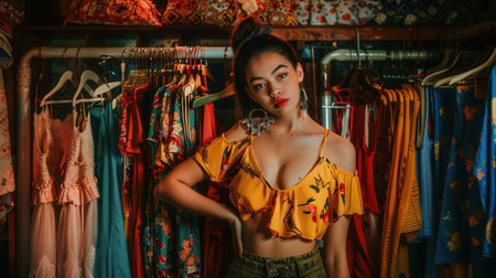 A young woman with a bun in her hair stands in front of a clothing rack, wearing a yellow floral crop top and looking directly at the camera.の素材