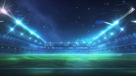 A large stadium sits empty, illuminated by bright lights under a starry night sky. The green grass field is ready for the upcoming sporting event.の素材