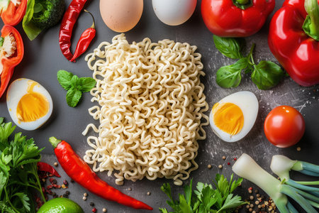 Uncooked noodles, eggs, red peppers, green onions, broccoli, and herbs are arranged around a pile of instant noodles on a gray kitchen table.の素材
