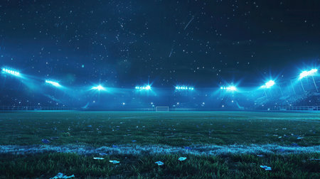 A wide shot of an empty soccer field at night with the lights illuminating the grass and a goal in the distance.の素材