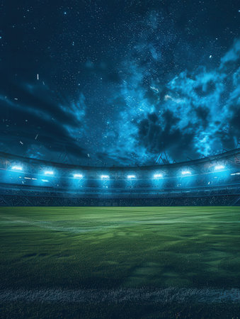 A nighttime view of an empty stadium illuminated by bright lights against a backdrop of a starry sky.の素材