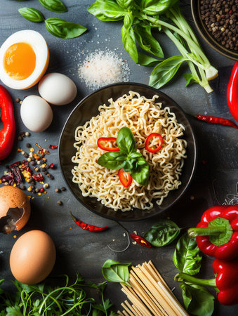 A bowl of cooked instant noodles sits on a dark countertop, surrounded by fresh ingredients including eggs, herbs, peppers, and spices.の素材