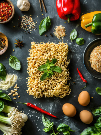 A plate of cooked instant noodles sits on a dark countertop surrounded by fresh ingredients, including herbs, peppers, eggs, and vegetables.の素材
