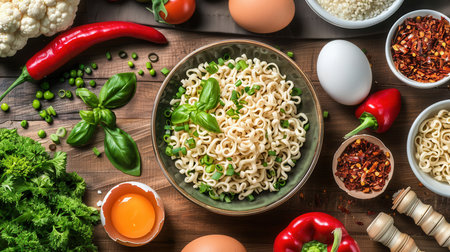 A bowl of instant noodles topped with fresh herbs and vegetables sits on a wooden kitchen table surrounded by various ingredients, including eggs, peppers, and spices.の素材