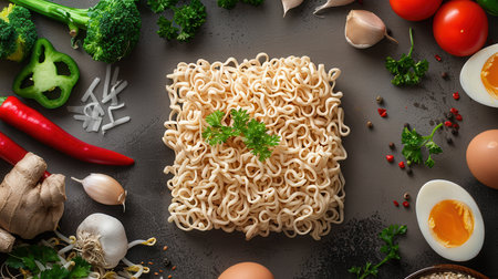 Instant noodles are surrounded by fresh vegetables, herbs, eggs, and peppers on a kitchen table.の素材