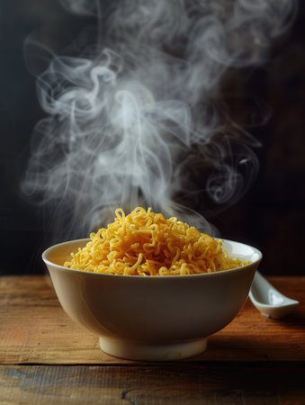 A steaming bowl of instant noodles sits on a wooden table, creating a warm and inviting atmosphere for a delicious meal.の素材