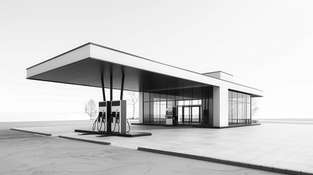A sleek and contemporary gas station design featuring fuel dispensers and a minimalist structure on a white background.の素材
