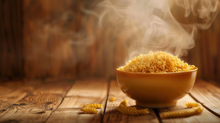 A steaming bowl of instant noodles sits on a wooden table, exuding warmth and comfort, ideal for a quick and satisfying meal.の素材