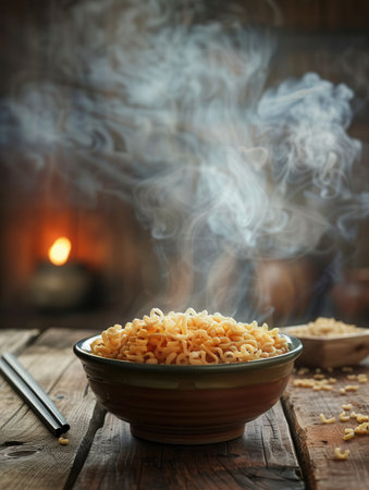 A bowl of steaming instant noodles sits on a wooden table, inviting warmth and comfort in a cozy, rustic setting.の素材