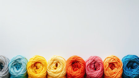 Colorful rolls of yarn are neatly arranged in a grid on a clean white background, providing ample space for creative text and inspiration.の素材