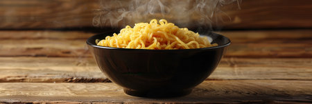 A steaming bowl of delicious instant noodles sits invitingly on a wooden table, perfect for a quick and satisfying meal any time of day.の素材