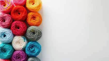 A vibrant display of assorted yarn rolls neatly placed on a white background, creating an inviting space for creative crafting ideas.の素材