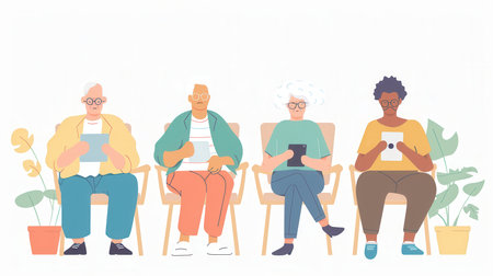 Four elderly individuals sit comfortably, each focused on their smartphones, in a bright room adorned with lush houseplants.の素材