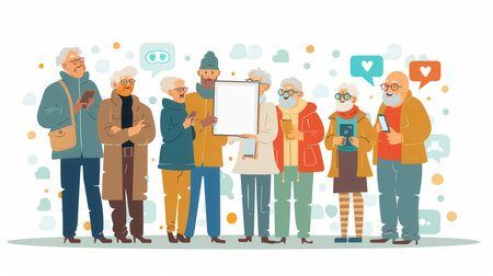 A group of elderly individuals enjoys socializing while using smartphones and tablets in a lively community environment.の素材