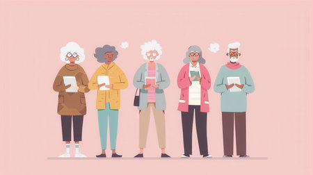 Elderly individuals stand together, holding books and engaging in lively conversation, showcasing companionship and shared interests.の素材