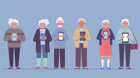 A group of elderly individuals stands side by side, each holding a tablet and focused on their devices in a cheerful, pastel setting.の素材