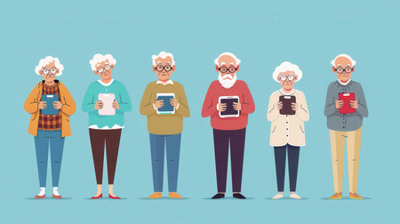 A group of elderly individuals stands together, each interacting with their digital devices in a bright and cheerful environment.の素材