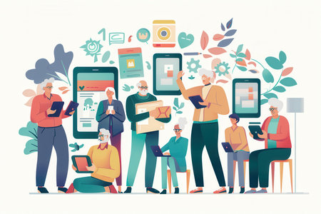 A group of elderly people actively using various technological devices in a vibrant and cheerful environment, showing their engagement and adaptability.の素材