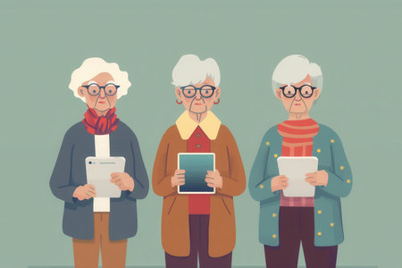 Three elderly women are using electronic devices, displaying curiosity and engagement in a warm, inviting indoor environment.の素材