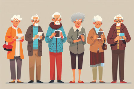 Six elderly individuals focus on their devices, showing a blend of tradition and modern technology in a communal space.の素材
