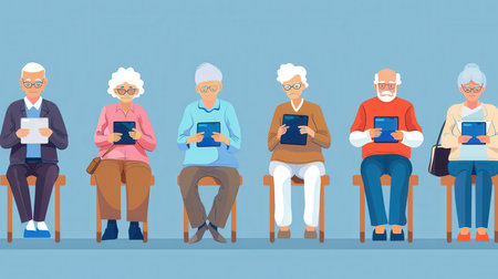 A group of elderly people sit on chairs, each focused on their electronic devices, enjoying their time in a relaxed atmosphere.の素材