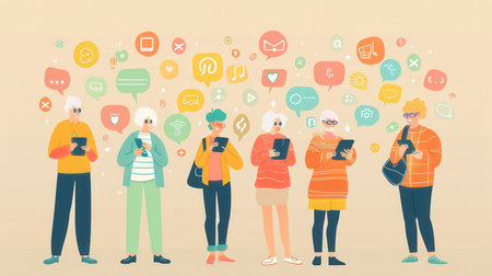 A group of elderly individuals interacts with their tablets and smartphones amid a colorful array of social media icons.の素材
