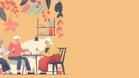 Elderly women gather to learn knitting and sewing in a warm, inviting space, sharing skills and enjoying each other's company.の素材