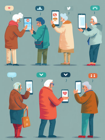 Seniors actively using smartphones, sharing social media posts and messages in a warm, inviting environment during the day.の素材