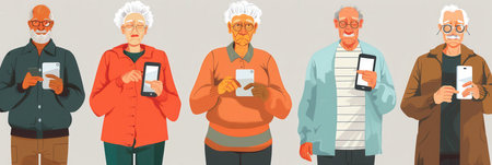 A group of elderly individuals are actively using smartphones, showing their eagerness to engage with technology in a simple indoor environment.の素材