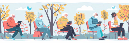 A group of elderly people sits outside, each using a tablet, while colorful autumn leaves create a cheerful atmosphere.の素材